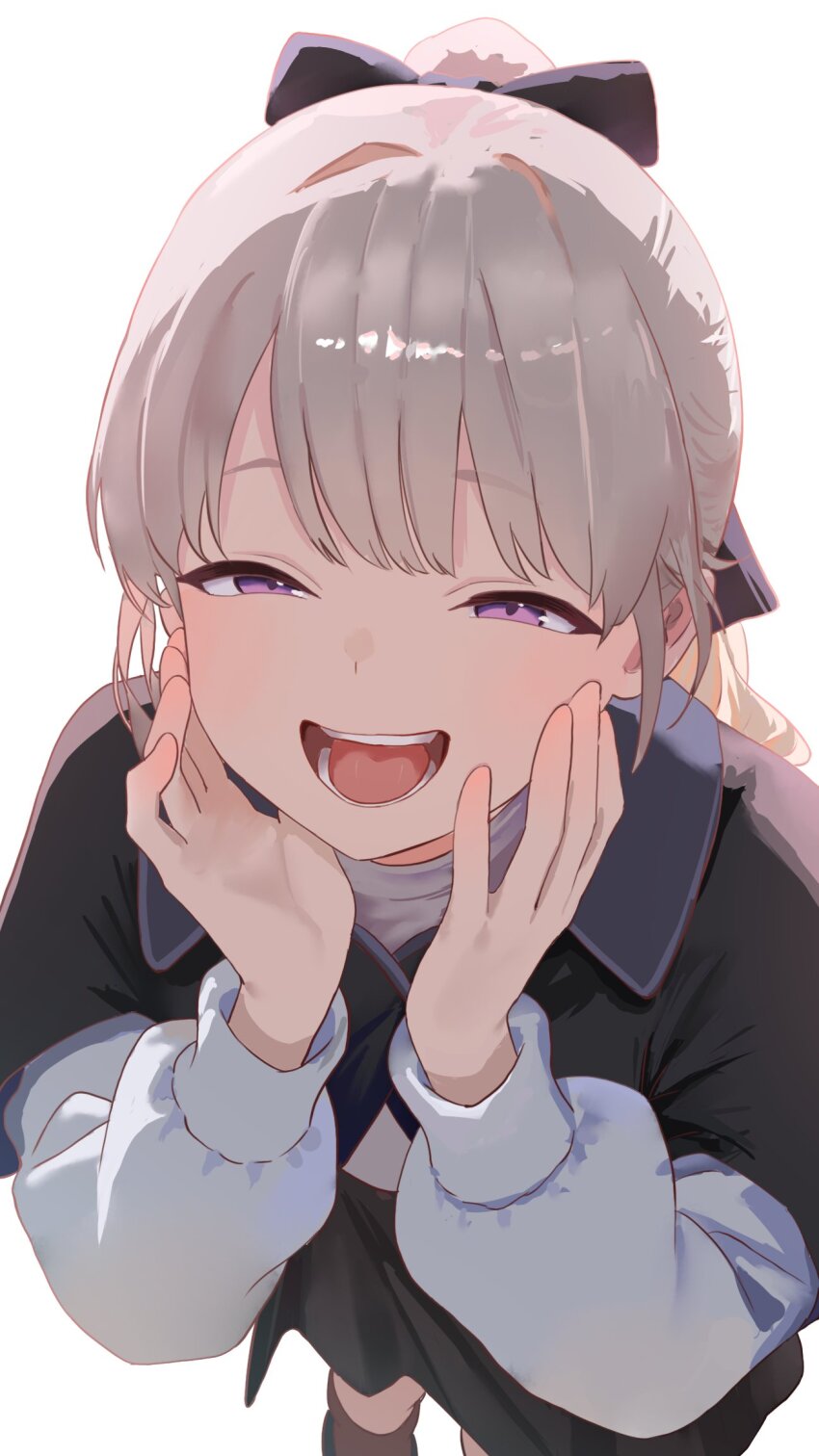 1girl black_ribbon black_shawl boots brown_boots folma from_above grey_hair half-closed_eyes hands_on_own_cheeks hands_on_own_face highres lapwing_(vrchat) laughing looking_at_viewer open_mouth ponytail purple_eyes ribbon shawl solo sweater turtleneck vrchat white_background white_sweater