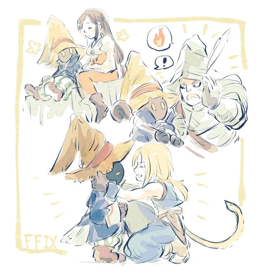 ! 1girl 3boys adelbert_steiner black_hair black_mage_(final_fantasy) blonde_hair blue_coat blue_pants blue_vest blue_wrist_cuffs bodysuit boots breasts brown_boots cat_earth2 cat_tail closed_eyes coat cropped_vest crystal final_fantasy final_fantasy_ix fire garnet_til_alexandros_xvii gloves grey_gloves hat hat_feather helm helmet highres holding holding_staff jewelry juliet_sleeves knight long_hair long_sleeves low-tied_long_hair low_ponytail medium_breasts multiple_boys on_one_knee open_mouth orange_bodysuit pants parted_bangs pendant ponytail puffy_sleeves shirt smile spoken_exclamation_mark staff striped_clothes striped_pants tail vest vivi_ornitier white_background white_shirt wizard_hat wrist_cuffs yellow_eyes zidane_tribal