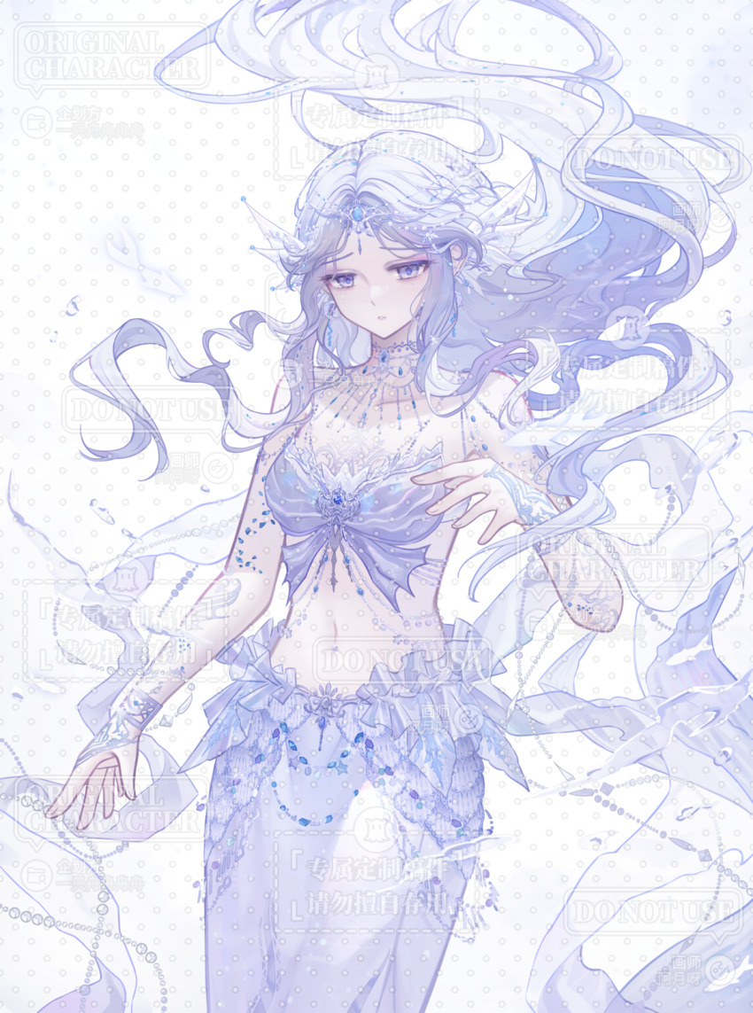 1girl blue_bra blue_bridal_gauntlets blue_eyes blue_shawl blue_skirt bra breasts bubble circlet cleavage collarbone cowboy_shot dot_nose eyelashes fins floating_hair frilled_skirt frills head_fins highres infinity_nikki jewelry lace_bridal_gauntlets long_hair long_skirt mermaid monster_girl moonlgnance navel necklace nikki_(series) parted_lips polka_dot sample_watermark shawl sidelocks simple_background skirt snowy_ballad_(infinity_nikki) solo stomach strapless strapless_bra too_many_watermarks underwear very_long_hair watermark watermark_grid wavy_hair white_background