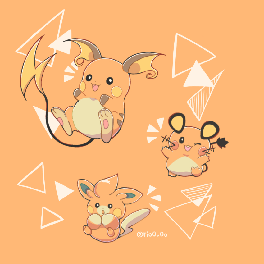 animal_focus artist_name bright_pupils commentary_request dedenne full_body gen_1_pokemon gen_6_pokemon highres looking_at_viewer nintendo no_humans one_eye_closed open_mouth orange_background orange_theme pawmi pokemon pokemon_(creature) raichu rio_(rio0v0o) simple_background smile tail twitter_username white_pupils