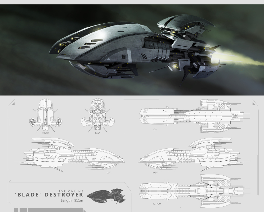 absurdres advanced_ship_(eve_online) battlecruiser_(eve_online) reference_sheet commentary concept_art copyright_name english_commentary english_text eve_online flying from_side glowing highres kianchai military_vehicle multiple_views no_humans original outdoors science_fiction spacecraft thrusters vehicle_focus