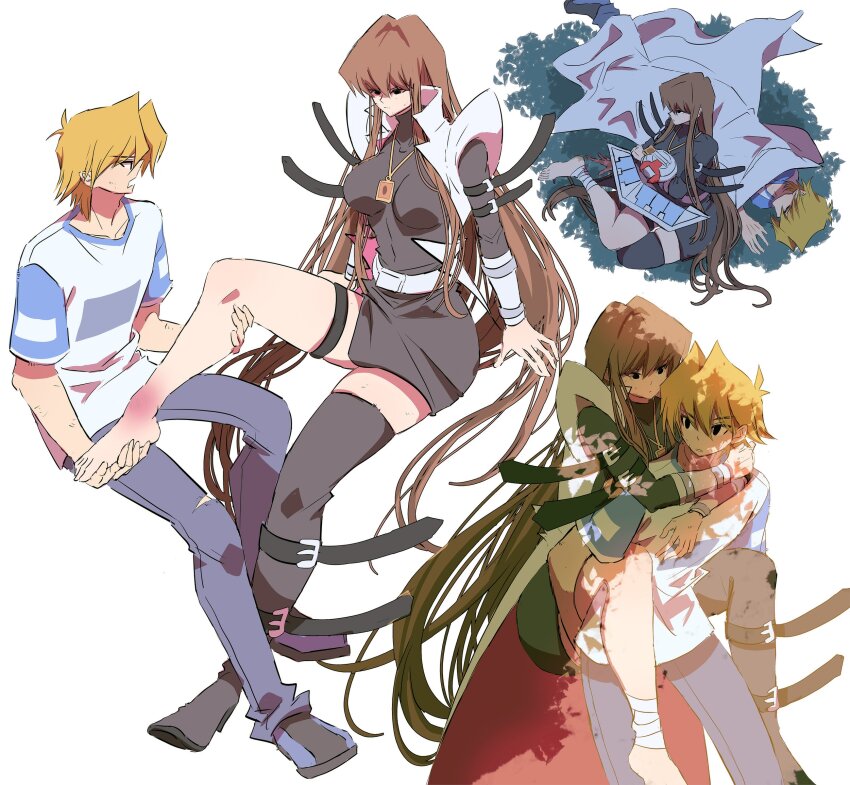 1boy 1girl black_dress blonde_hair blue_pants breasts brown_eyes brown_hair card_pendant coat commentary denim dress english_commentary genderswap genderswap_(mtf) highres jonouchi_katsuya kaiba_seto large_breasts long_hair male_focus open_clothes open_coat pants shirt simple_background white_background white_coat white_shirt yellow_eyes yu-gi-oh! yu-gi-oh!_duel_monsters zackpyo