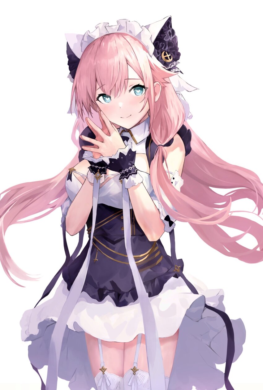 1girl alternate_costume animal_ears azur_lane bii_bii_(bronzeii002) cat_ears cheshire_(azur_lane) cheshire_(azur_lane)_(cosplay) closed_mouth commentary commission cosplay dress enmaided fake_animal_ears frilled_dress frills garter_straps green_eyes hands_up heart heart-shaped_pupils highres long_hair looking_at_viewer maid maid_headdress pink_hair skeb_commission smile solo steepled_fingers symbol-shaped_pupils theseus_(azur_lane) thighhighs white_garter_straps white_thighhighs