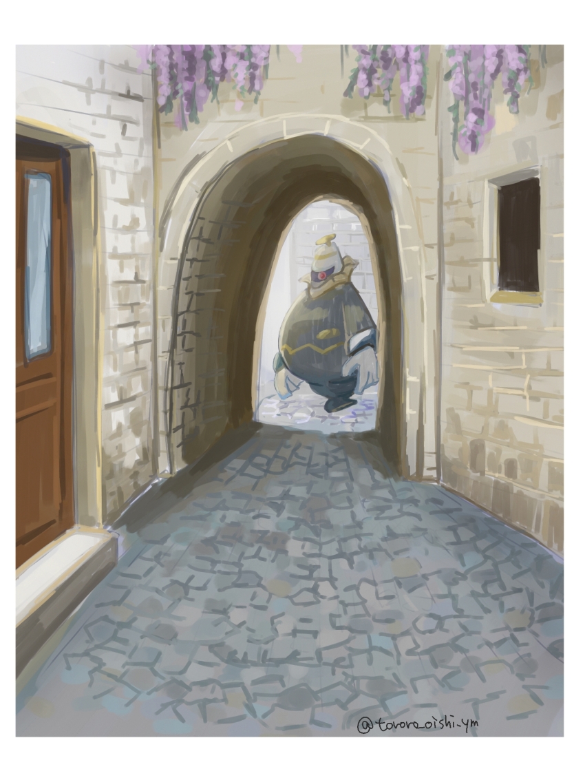 alley border day dusknoir floating flower gen_4_pokemon highres looking_at_viewer nintendo no_humans one-eyed outdoors pokemon pokemon_(creature) pokemon_focus purple_flower red_eyes solo stone_walkway tororo_oishi_ym twitter_username white_border wooden_door
