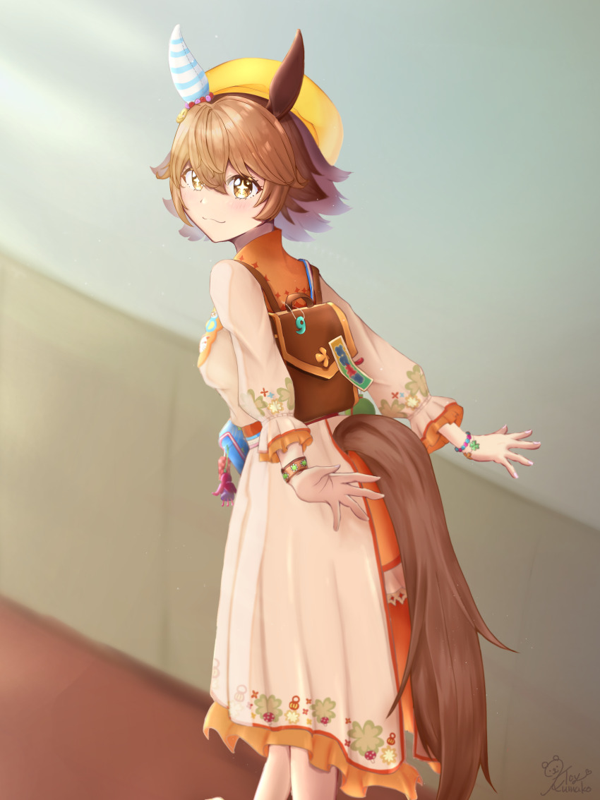 +_+ 1girl absurdres animal_ears artist_name backpack bag brown_bag brown_hair charm_(object) closed_mouth clothing_cutout commentary_request dress ear_covers ear_ornament flipped_hair frilled_dress frills hair_between_eyes highres horse_ears kumakotoy long_sleeves looking_at_viewer looking_back matikanefukukitaru_(good_omen_first_storm)_(umamusume) matikanefukukitaru_(umamusume) official_alternate_costume orange_dress orange_headwear outdoors signature single_ear_cover smile solo tail tail_through_clothes umamusume yellow_eyes