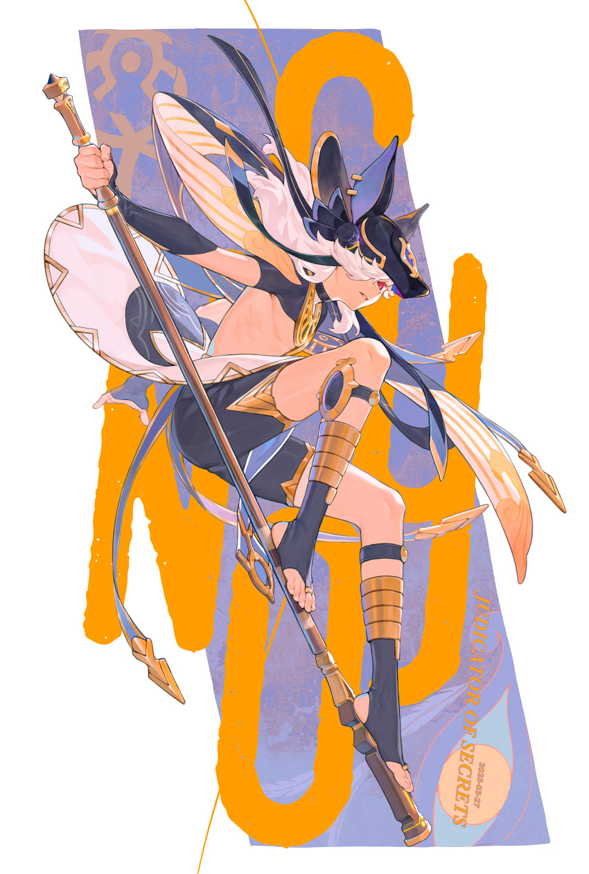 1boy absurdres almoonnn animal_ear_piercing animal_ears animal_ears_helmet animal_helmet anklet black_bridal_gauntlets black_choker black_shorts black_shrug bridal_gauntlets bridal_legwear choker cyno_(genshin_impact) dark-skinned_male dark_skin english_text genshin_impact hair_over_one_eye highres holding holding_staff jackal_ears jewelry long_hair multicolored_background orange_background outstretched_arm parted_lips purple_background red_eyes short_sleeves shorts shrug_(clothing) simple_background solo staff staff_riding teeth usekh_collar white_background white_hair