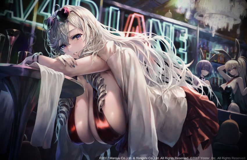 3girls algerie_(azur_lane) alternate_costume animal_ears azur_lane backless_leotard bent_over bodysuit breasts cleavage_cutout clothing_cutout commentary_request covered_erect_nipples crossed_arms dress drill_hair eyewear_on_head fake_animal_ears gascogne_(azur_lane) hanging_breasts huge_breasts jean_bart_(azur_lane) lapels large_breasts leaning_forward leotard looking_at_viewer medium_breasts mole mole_under_eye multiple_girls nightclub notched_lapels official_art open_clothes open_shirt playboy_bunny purple_eyes purple_hair rabbit_ears red_dress sagging_breasts seductive_smile smile sunglasses white_hair yoshiku_(oden-usagi)