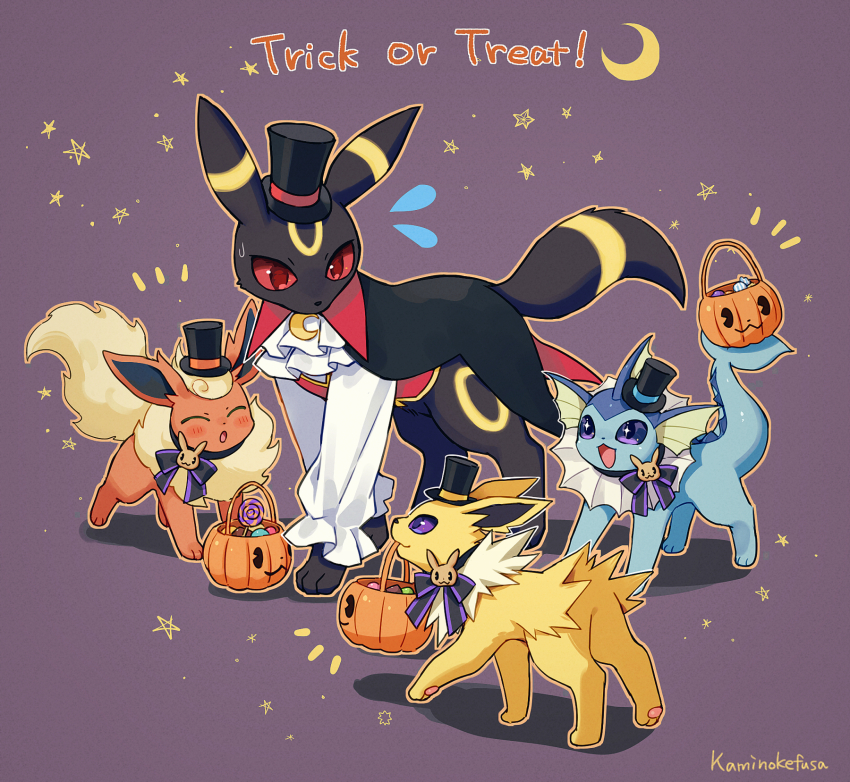 artist_name ascot black_hat bow bowtie clothed_pokemon collar crescent_brooch flareon flareon_(halloween) flying_sweatdrops gen_1_pokemon gen_2_pokemon halloween halloween_bucket halloween_costume hat highres holding holding_with_tail jolteon jolteon_(halloween) kaminokefusa mini_hat mini_top_hat mouth_hold nintendo no_humans outline paw_up pokemon pokemon_(creature) pokemon_cafe_remix prehensile_tail pumpkin purple_background red_collar tail top_hat trick_or_treat umbreon umbreon_(halloween) vampire_costume vaporeon vaporeon_(halloween) white_ascot white_outline