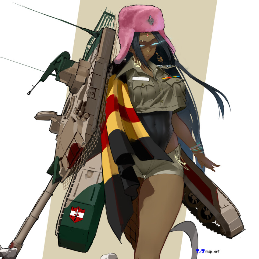 1girl artist_name black_hair blue_eyes cannon covered_navel cropped_shirt dark-skinned_female dark_skin eye_trail feet_out_of_frame hat highres indian_army leotard leotard_under_clothes light_trail mecha_musume military_uniform military_vehicle motor_vehicle nisp_art original personification pink_hat t-90 tank ushanka