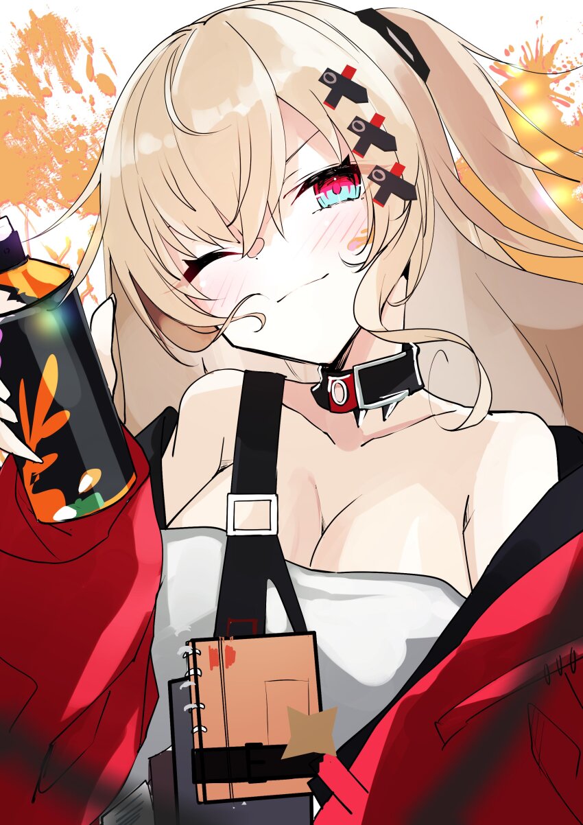 1girl absurdres bare_shoulders blonde_hair blue_eyes blush breasts choker cleavage closed_mouth clothes_pull collarbone commentary commentary_request girls&#039;_frontline hair_ornament hairclip hand_up head_tilt highres holding jacket jacket_pull kamiya_mitobe light_smile long_hair looking_at_viewer medium_breasts multicolored_eyes notebook one_eye_closed open_clothes open_jacket red_eyes red_jacket shirt side_ponytail solo spray_can tkb-408_(girls&#039;_frontline) upper_body white_shirt