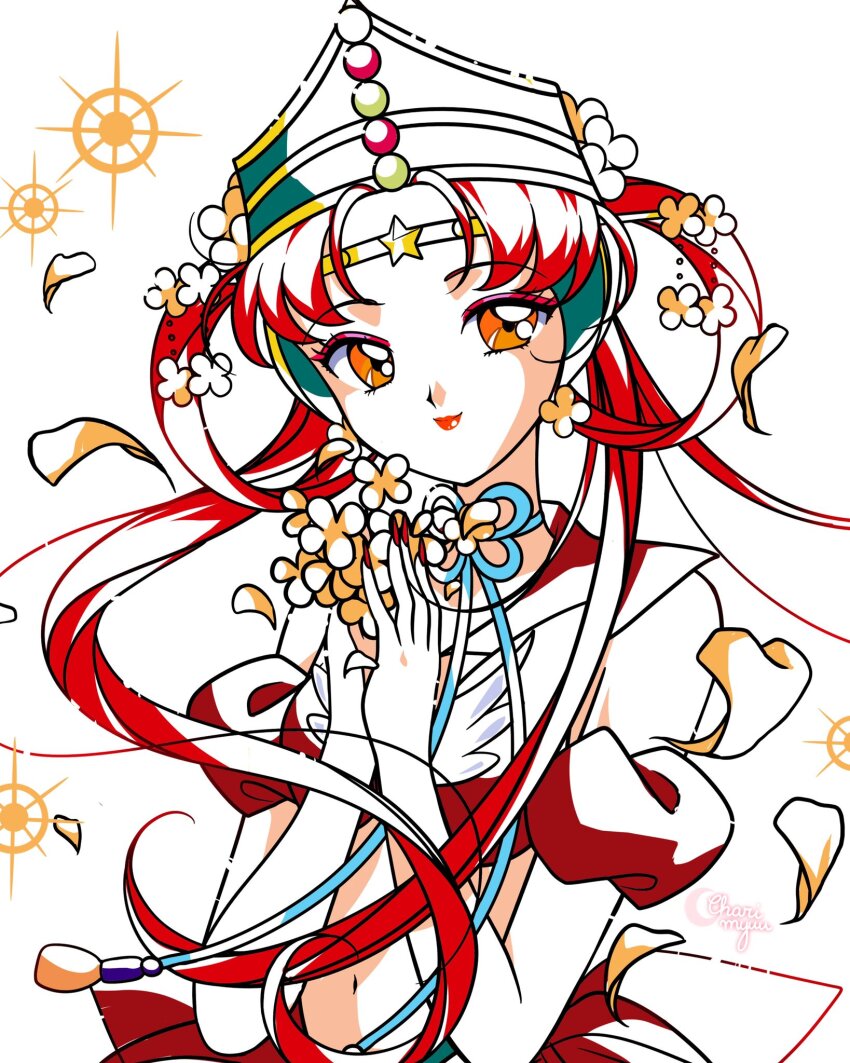 1990s_(style) 1girl aqua_hat artist_name bad_id bad_twitter_id bare_arms bare_shoulders bishoujo_senshi_sailor_moon bishoujo_senshi_sailor_moon_stars blue_ribbon circlet closed_mouth collared_shirt commentary cowboy_shot crop_top detached_sleeves earrings english_commentary eyelashes eyeshadow faux_retro_artstyle flower flower_earrings flower_knot hair_flower hair_ornament hair_rings happy hat highres holding holding_flower honeymoonpetal jewelry lipstick long_hair looking_at_viewer magical_girl makeup midriff miniskirt nail_polish navel neck_flower neck_ribbon orange_eyes own_hands_together parted_bangs petals pink_eyeshadow pleated_skirt princess_kakyuu puffy_short_sleeves puffy_sleeves red_eyeshadow red_hair red_lips red_nails red_sailor_collar red_shirt red_skirt red_sleeves retro_artstyle ribbon sailor_collar sailor_kakyuu shirt short_sleeves simple_background skirt skirt_set sleeveless sleeveless_shirt smile solo sparkle star_(symbol) two-tone_eyeshadow very_long_hair watermark white_background white_flower