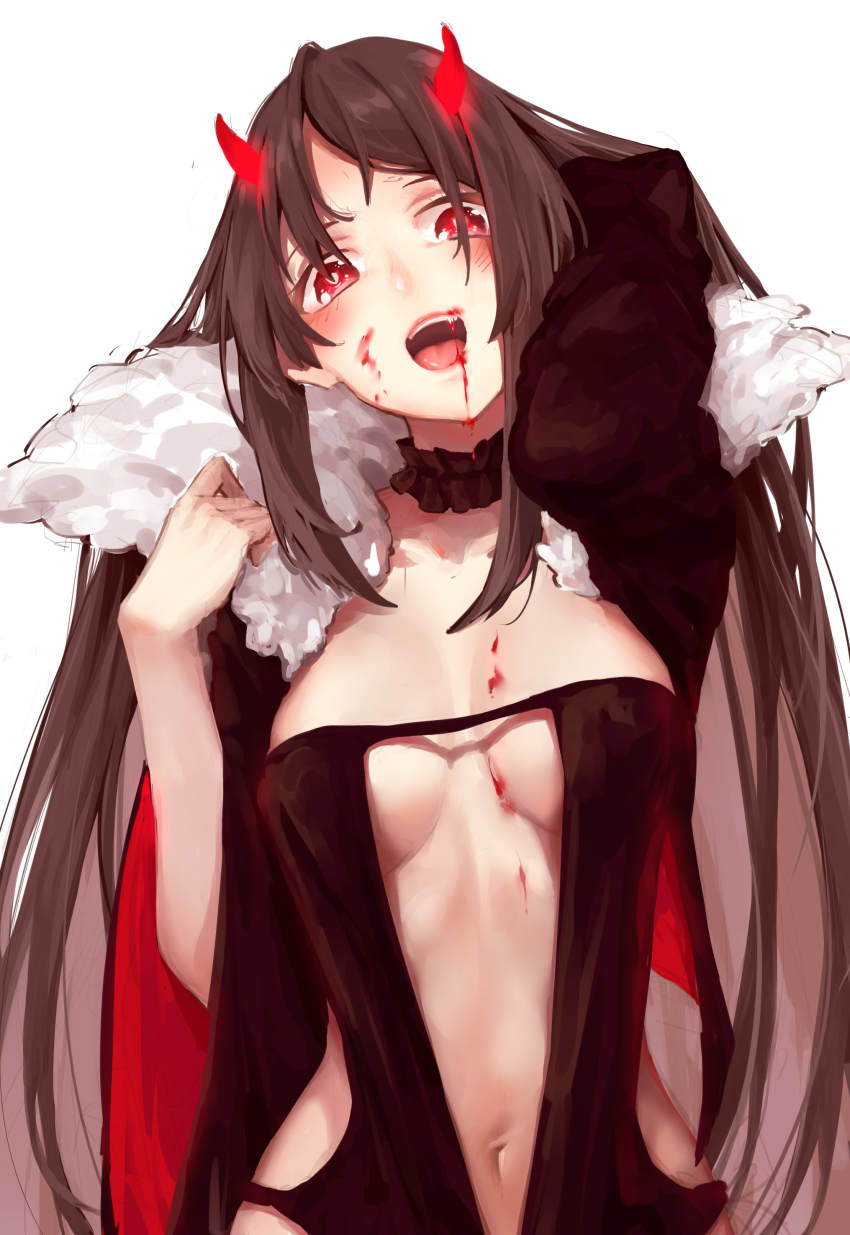 1girl :d absurdres arm_up black_dress blood blood_on_face blood_stain blush breasts brown_hair center_opening choker cyta_celest dress fate/grand_order fate_(series) female_focus fur_collar head_tilt highres horns long_hair looking_at_viewer navel open_mouth red_eyes revealing_clothes sidelocks simple_background smile solo teeth upper_body white_background wide_sleeves yu_mei-ren_(fate) yu_mei-ren_(third_ascension)_(fate)