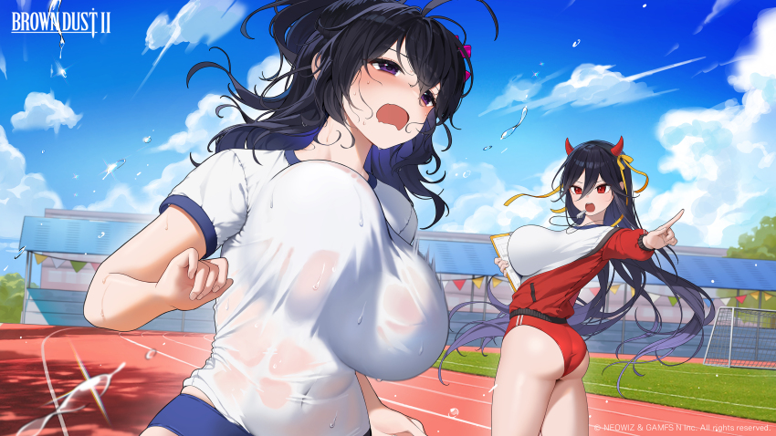 2girls absurdres ass black_hairband bloomers blush bouncing_breasts bra_visible_through_clothes breasts brown_dust_(series) brown_dust_2 clipboard cloud cloudy_sky copyright_name covered_navel eyebrows_hidden_by_hair fake_horns gym_uniform hair_between_eyes hairband highres holding holding_clipboard horns huge_breasts jacket jeon-eo_konoshiro levia_(brown_dust) loen_(brown_dust_2) loen_(track_and_field_team)_(brown_dust_2) long_hair looking_at_another looking_back multiple_girls official_art official_wallpaper open_mouth pointing pointing_forward ponytail purple_eyes purple_hair red_eyes red_jacket running second-party_source shirt skin_tight sky soccer_field sweat sweaty_clothes track_and_field track_jacket underwear upper_body very_long_hair wavy_mouth whistle whistle_around_neck white_shirt