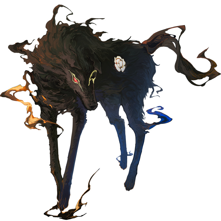 animal animal_focus black_fur body_markings dog endo_(takolegs) fate/grand_order fate_(series) full_body game_cg highres looking_at_viewer no_humans official_art red_eyes solo standing tachi-e third-party_source transparent_background yatsufusa_(fate)