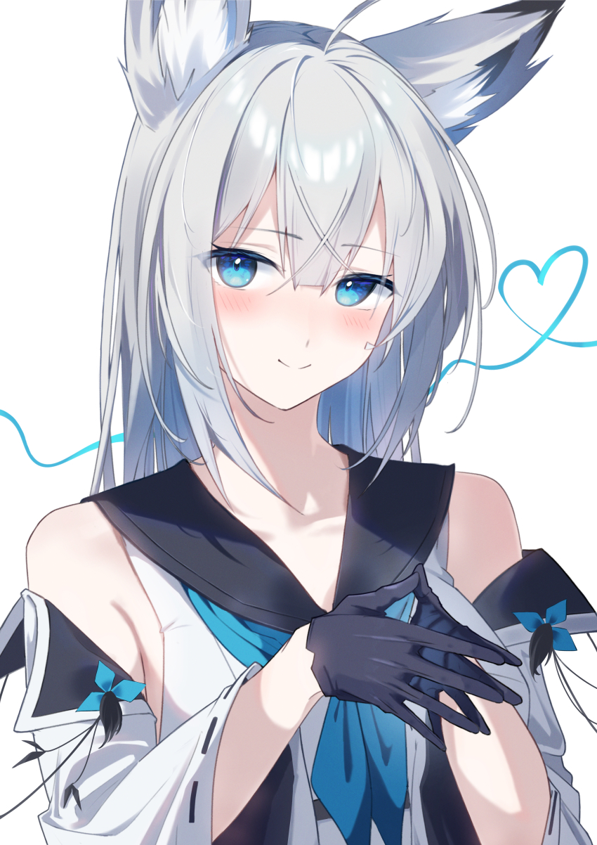1girl absurdres animal_ear_fluff animal_ears azur_lane bare_shoulders black_gloves blue_eyes blush closed_mouth fox_ears gloves grey_hair hands_up heart highres japanese_clothes kawakaze_(azur_lane) looking_at_viewer own_hands_together rubisco simple_background smile solo upper_body white_background