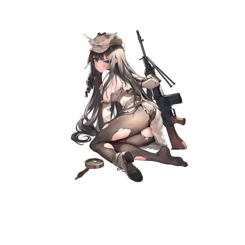 &gt;:( 1girl ascot battle_rifle beige_coat belt bipod black_gloves blue_eyes blush boots bow breasts brown_hair brown_pantyhose coat crack cracked_glass damaged drill_hair drill_sidelocks full_body girls&#039;_frontline gloves gun hair_flowing_over hat hat_bow highres holding holding_gun holding_weapon howa_type_64 howa_type_64_(an_unsuitable_job_for_her)_(girls&#039;_frontline) howa_type_64_(girls&#039;_frontline) lace_trim long_hair looking_at_viewer looking_back magnifying_glass newsboy_cap official_alternate_costume official_art pantyhose parsley-f rifle sideboob sidelocks sitting solo strap sweatdrop thighs torn_clothes torn_coat torn_pantyhose transparent_background trench_coat tsurime unworn_boot v-shaped_eyebrows very_long_hair weapon white_bow yokozuwari