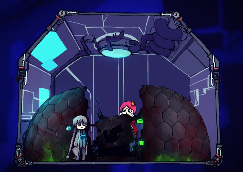 2girls blue_eyes braid chibi closed_mouth coat commentary e.g.o_(project_moon) employee_(project_moon) glowing glowing_chest glowing_weapon grey_hair helix_of_the_end hexagon highres indoors lobotomy_corporation long_hair low_twin_braids machine multiple_girls nugget_(project_moon) pink_hair project_moon red_coat robot sanguine_desire_(e.g.o) short_hair smile sound_of_a_star_(e.g.o) twin_braids very_long_hair weapon yatsumeunagi