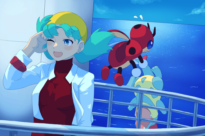 1girl absurdres antennae blue_hair blue_sky commentary croconaw eco_(rzgs7543) flying flying_sweatdrops gen_2_pokemon hat highres insect_wings jacket kris_(pokemon) ledian nintendo ocean one_eye_closed open_clothes open_jacket open_mouth outdoors pokemon pokemon_(creature) pokemon_gsc sky tail tail_grab watercraft wings yellow_hat