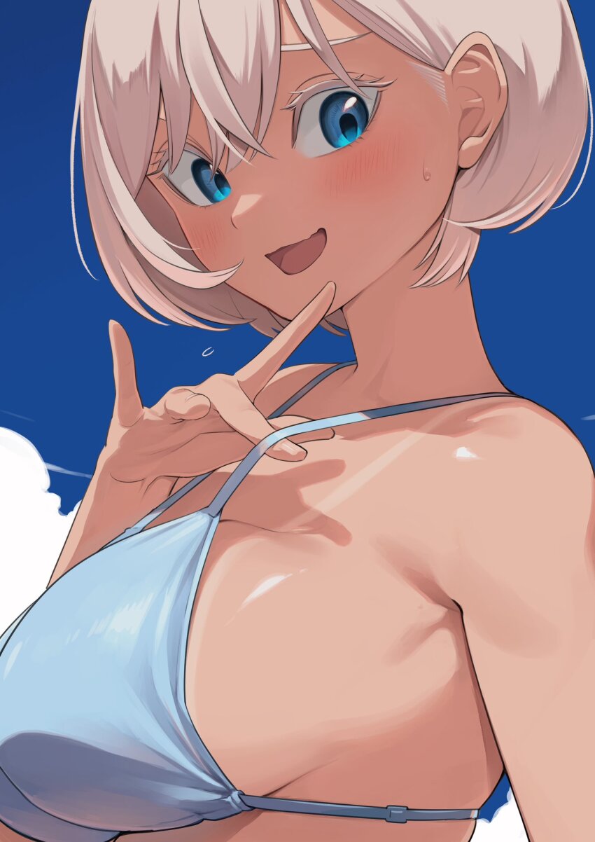 1girl bikini blue_bikini blue_eyes blush breasts colored_eyelashes commentary highres izumida_fuyuki large_breasts open_mouth original outdoors short_hair solo swimsuit tan tanline upper_body white_eyelashes white_hair