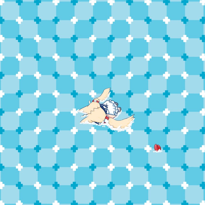1girl ahoge animal_ears blonde_hair cat_ears crab dress highres indie_virtual_youtuber kaniki_(sameko_saba) lifebuoy_hair_ornament long_hair low_twintails primrose_field_illusion rinfocer sameko_saba tile_floor tiles twintails very_long_hair virtual_youtuber white_dress