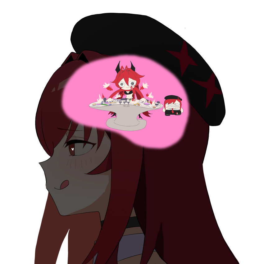 2girls :3 @_@ anger_(inside_out) antenna_hair beret black_bra black_skirt blush bra choker collar commentary control_panel_overlay cosplay english_commentary from_side goddess_of_victory:_nikke hair_between_eyes hat heart heart-shaped_pupils highres horns inside_out jacket leggings long_hair long_sleeves mechanical_horns midriff multiple_girls navel panty_straps rapi_(nikke) rapi_(nikke)_(cosplay) rapi_(red_hood)_(nikke) red_eyes red_hair red_hood_(nikke) red_jacket shirt simple_background skirt star_(symbol) symbol-shaped_pupils tongue tongue_out underwear very_long_hair wge white_background white_shirt