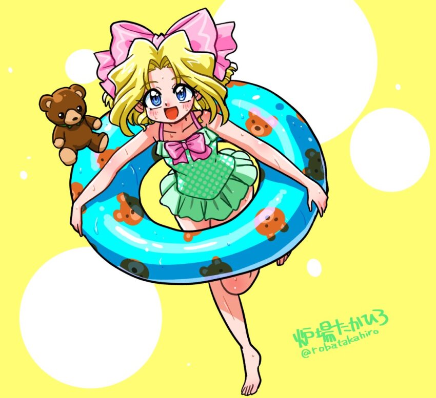 1girl artist_name blonde_hair blue_eyes bow collarbone frilled_one-piece_swimsuit frills full_body green_one-piece_swimsuit hair_bow holding holding_swim_ring innertube iris_chateaubriand looking_at_viewer one-piece_swimsuit pink_bow running sakura_taisen signature solo stuffed_animal stuffed_toy swim_ring swimsuit teddy_bear wanta_(futoshi) yellow_background