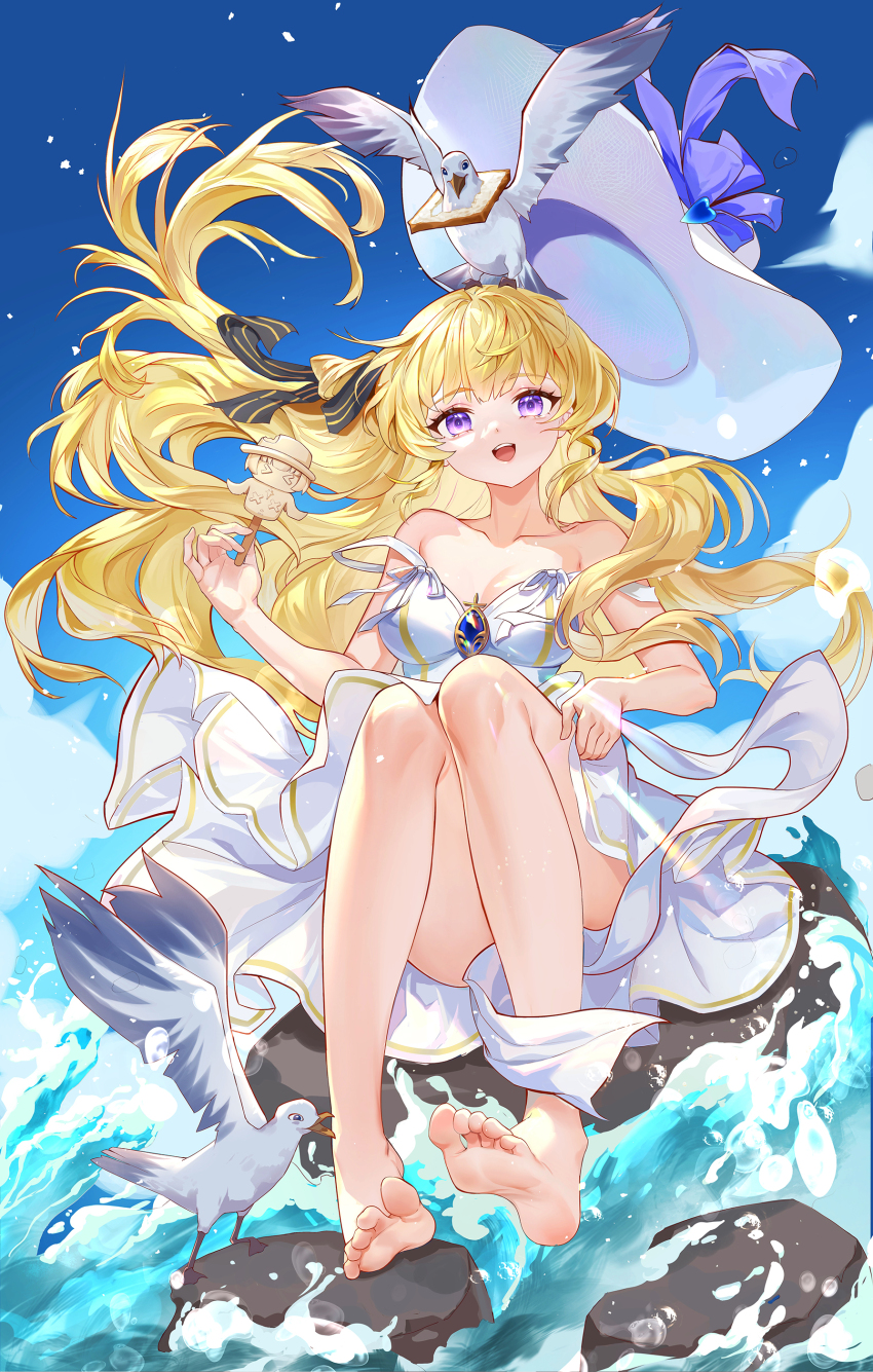 1girl absurdres alternate_costume bare_legs bare_shoulders barefoot black_bow blonde_hair blue_sky bow bread bread_slice breasts chinese_commentary cleavage collarbone commentary_request day double_strap_slip dress feet floating_hair food full_body hair_bow hat hat_loss highres holding holding_food legs long_hair looking_at_viewer medium_breasts open_mouth phoebe_(wuthering_waves) purple_eyes sannaks sitting sky smile soles solo striped_bow toast toes very_long_hair white_dress white_hat wuthering_waves