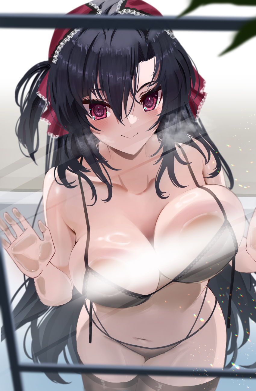1girl absurdres against_glass black_bra black_hair black_panties black_thighhighs blurry blush bra breast_press breasts breasts_on_glass closed_mouth collarbone commission curvy depth_of_field hair_between_eyes hair_ribbon highres large_breasts long_hair looking_at_viewer navel original panties pixiv_commission red_eyes ribbon rossy_(yowayowachimpo) smile solo standing steam thighhighs underwear very_long_hair