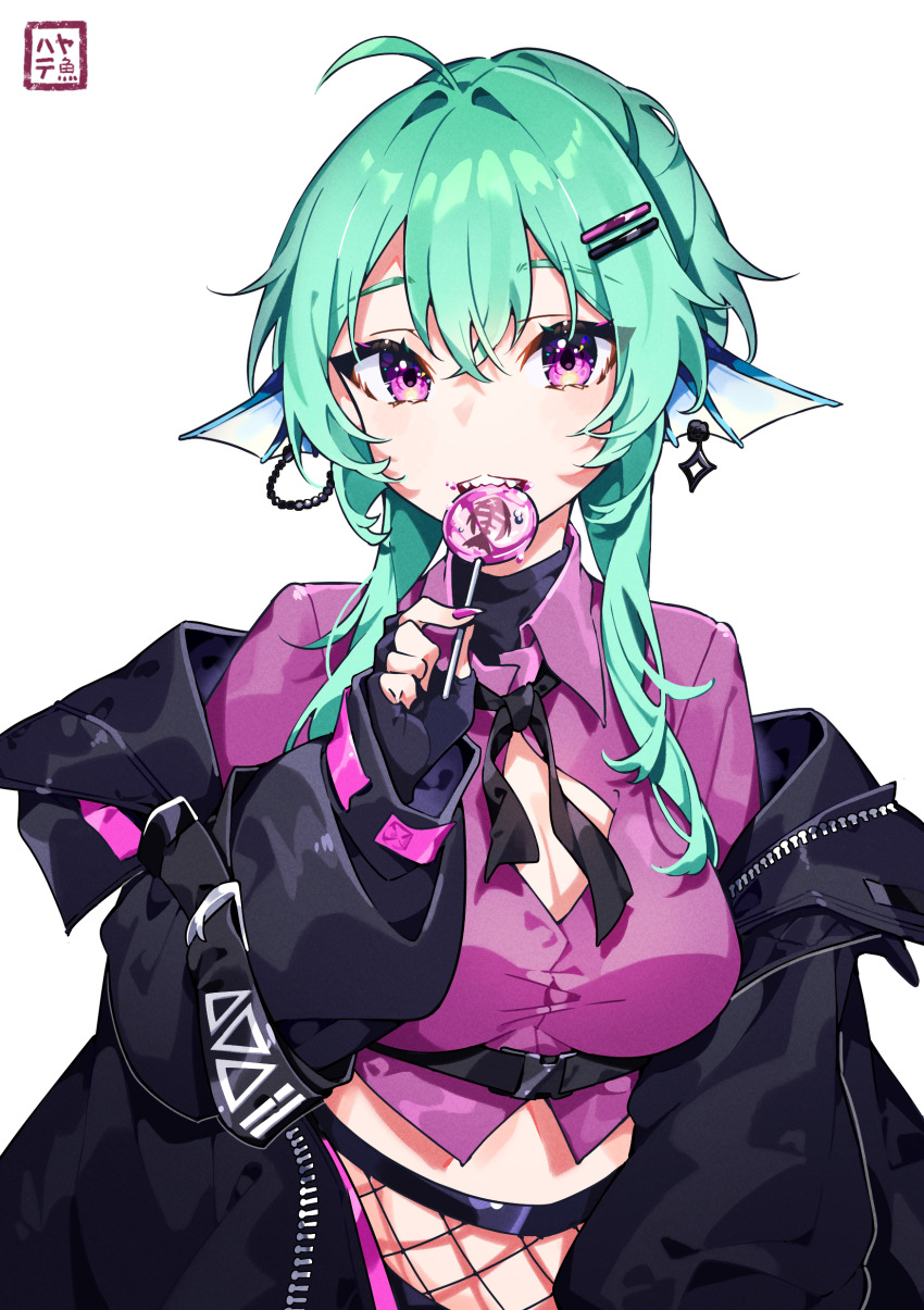 1girl absurdres ahoge black_bow black_gloves black_jacket bow breasts candy cleavage cleavage_cutout clothing_cutout collared_shirt dress_shirt fin_piercing finana_ryugu finana_ryugu_(3rd_costume) fingerless_gloves fins fishnets food gloves green_hair hair_between_eyes hair_bow hair_intakes hair_ornament hairclip hayate_fish head_fins highres holding holding_candy holding_food holding_lollipop jacket lollipop long_hair long_sleeves looking_at_viewer medium_breasts nijisanji nijisanji_en off_shoulder open_clothes open_jacket puffy_long_sleeves puffy_sleeves purple_eyes purple_shirt shirt simple_background sleeves_past_wrists solo virtual_youtuber white_background