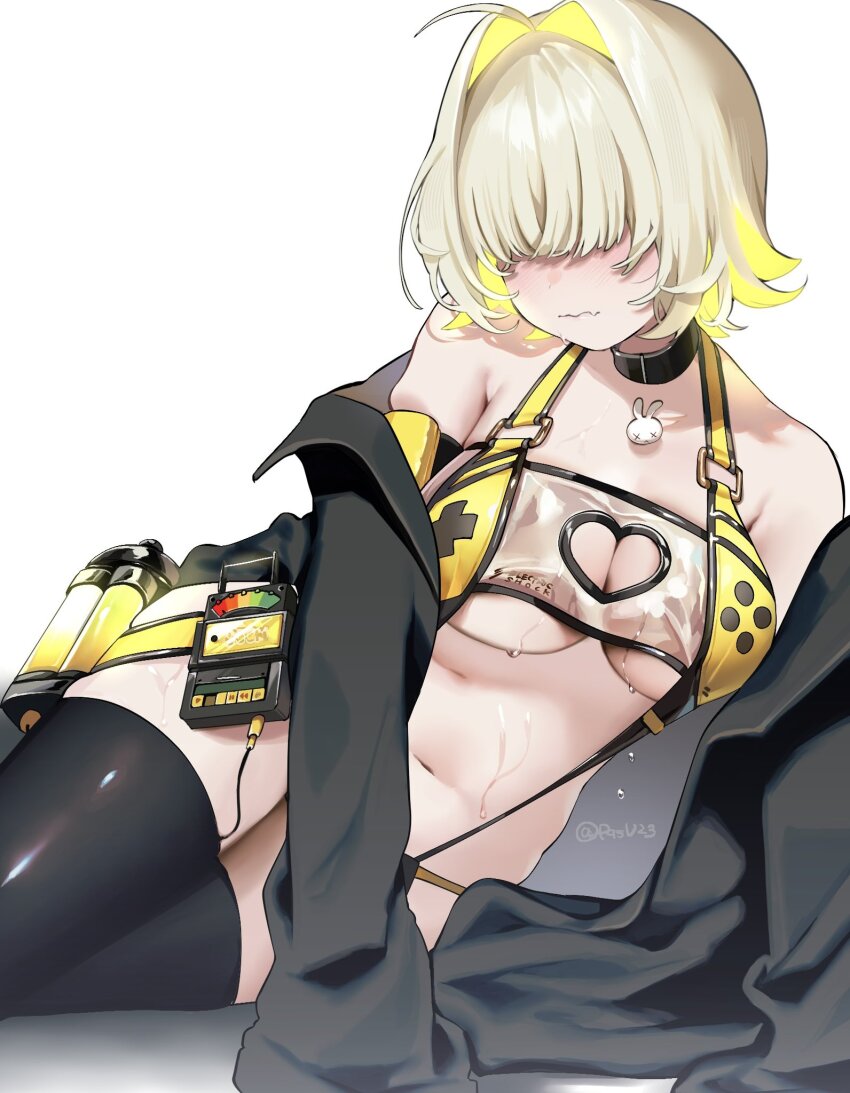 1girl arm_support bikini black_jacket black_thighhighs blonde_hair blush breasts cleavage_cutout closed_mouth clothing_cutout elegg_(boom_and_shock)_(nikke) game_controller_nipples_(meme) goddess_of_victory:_nikke hair_intakes hair_over_eyes heart_cutout highres jacket large_breasts long_bangs meme multicolored_hair navel off_shoulder pqsu23 see-through_bikini see-through_clothes short_hair simple_background slingshot_swimsuit solo sweat swimsuit thighhighs twitter_username two-tone_hair wavy_mouth white_background yellow_slingshot_swimsuit