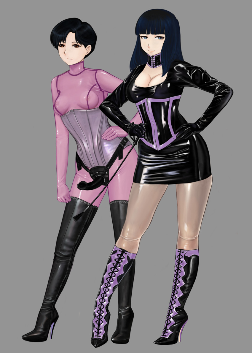 2girls bdsm black_hair blue_eyes boots breasts brown_eyes choker contrapposto corset covered_erect_nipples dildo dress gloves hand_on_own_hip high_heel_boots high_heels highres kanuka_clancy kidou_keisatsu_patlabor komii kumagami_takeo latex latex_dress latex_gloves latex_suit leaning_forward long_hair medium_breasts miniskirt multiple_girls nipples riding_crop see-through_clothes sex_toy short_hair simple_background skin_tight skirt small_breasts standing strap-on thigh_boots thighhighs