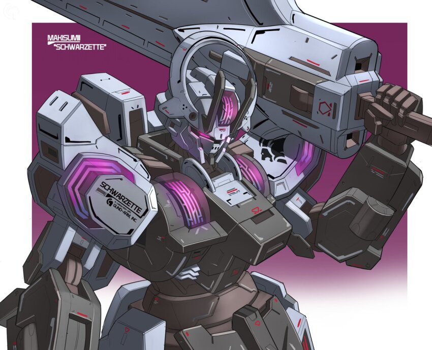arm_at_side artist_name border character_name commentary english_commentary gundam gundam_schwarzette gundam_suisei_no_majo holding holding_sword holding_weapon insignia jellen_squish mecha mecha_focus mobile_suit no_humans outside_border over_shoulder purple_eyes robot science_fiction solo sword weapon weapon_over_shoulder white_border