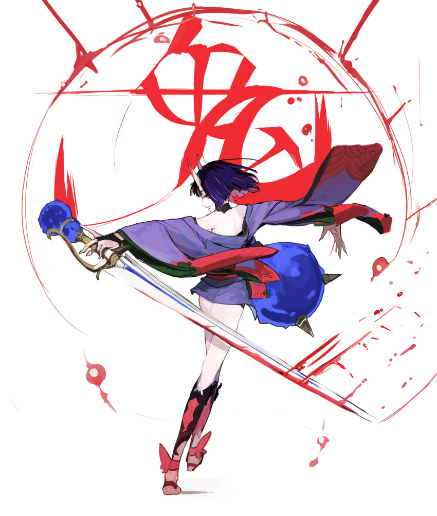 1girl :d ass back bare_shoulders barefoot fate/grand_order fate_(series) female_focus full_body gourd highres holding holding_sword holding_weapon horns japanese_clothes kimono off_shoulder oni open_mouth purple_hair red_eyes short_hair shuten_douji_(onmyoji) smile solo sword weapon yorurokujuu