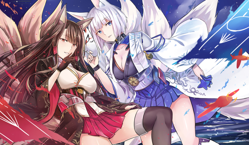 2girls absurdres akagi_(azur_lane) animal_ears azur_lane black_hair blue_eyes blunt_bangs breasts cleavage collarbone cowboy_shot fox_ears fox_tail hakama hakama_short_skirt hakama_skirt highres japanese_clothes jeffrey10 kaga_(azur_lane) large_breasts long_hair long_sleeves looking_at_viewer multiple_girls multiple_tails parted_lips red_eyes short_hair silver_hair skirt tail wide_sleeves