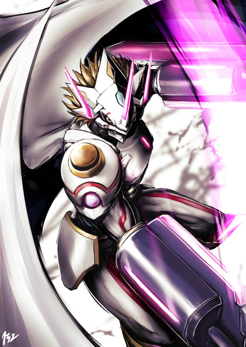 152_in_can arm_blade arm_cannon armor artist_logo blonde_hair colored_skin commentary_request covered_mouth digimon digimon_ghost_game dragon full_armor glowing glowing_horns glowing_sword glowing_weapon highres horns logo looking_at_viewer no_humans short_hair siriusmon spiked_hair spread_wings swing sword weapon white_skin wings yellow_eyes