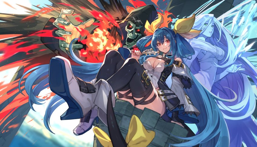 1girl angel_wings arc_system_works arm_support asymmetrical_wings bare_shoulders belt black_thighhighs blue_hair blue_sky breasts casting_spell choker cleavage clothing_cutout cloud cloudy_sky detached_collar detached_sleeves dizzy_(guilty_gear) eating fire fish food foreshortening green_eyes guilty_gear guilty_gear_xrd hair_between_eyes hair_rings high_heels highres holding holding_food ice large_breasts long_hair looking_at_viewer magic monster_girl necro_(guilty_gear) pillar red_eyes ribbon sidelocks sitting sky smile tail tail_ornament tail_ribbon thigh_strap thighhighs thighs twintails uedrk_yamato undine_(guilty_gear) wings yellow_ribbon