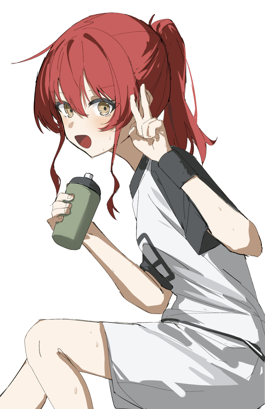 1girl absurdres bocchi_the_rock! bottle hand_up highres holding holding_bottle kita_ikuyo light_blush looking_at_viewer open_mouth ponytail qtian red_hair shirt shorts simple_background smile solo v white_background white_shirt white_shorts yellow_eyes