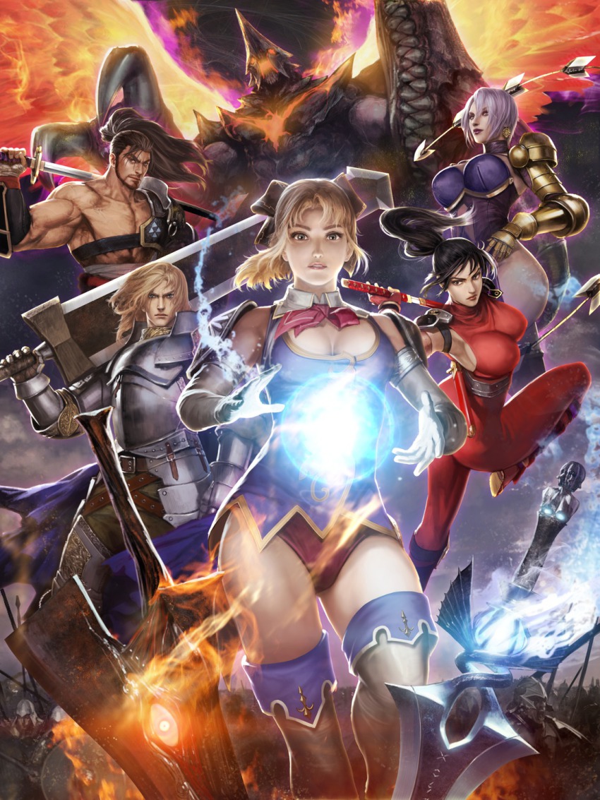 3boys 3girls armor bodysuit breasts cassandra_alexandra epic highres huge_breasts isabella_valentine long_hair mitsurugi_heishirou monster multiple_boys multiple_girls namco night_terror nightmare_(soulcalibur) ninja short_hair siegfried_schtauffen skin_tight soul_calibur soul_calibur_(weapon) soul_edge_(weapon) sword taki_(soulcalibur) thighhighs weapon