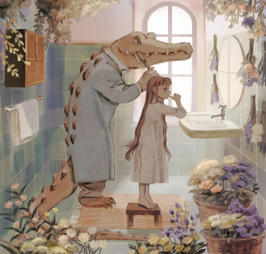 1girl animal barefoot basket bathroom brown_hair brushing_teeth cabinet carpet child circular_mirror claws clothed_animal collared_dress commentary crocodile crocodilian dress english_commentary flower hanging_flower highres holding holding_toothbrush indoors long_dress long_hair medicine_cabinet mirror morning muntins on_stool orange_flower original pajamas pants pink_flower purple_flower red_hair reflection reflective_surface sharp_teeth shirt sink slice_of_life slit_pupils standing tail tassel teeth tile_floor tile_wall tiles tono_(rt0no) toothbrush towel towel_rack white_dress white_flower window yellow_flower
