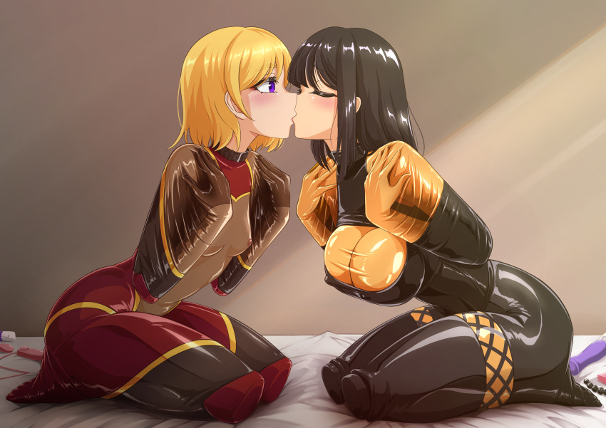 2girls absurdres bdsm bed bitchsuit black_hair blonde_hair bodysuit bondage bound bound_arms bound_legs breasts closed_eyes collar full_body highres human_dog kiss large_breasts latex latex_bodysuit medium_hair multiple_girls original purple_eyes seiza sex_toy shiny_clothes short_hair sitting skin_tight slave small_breasts tamakko vibrator yuri