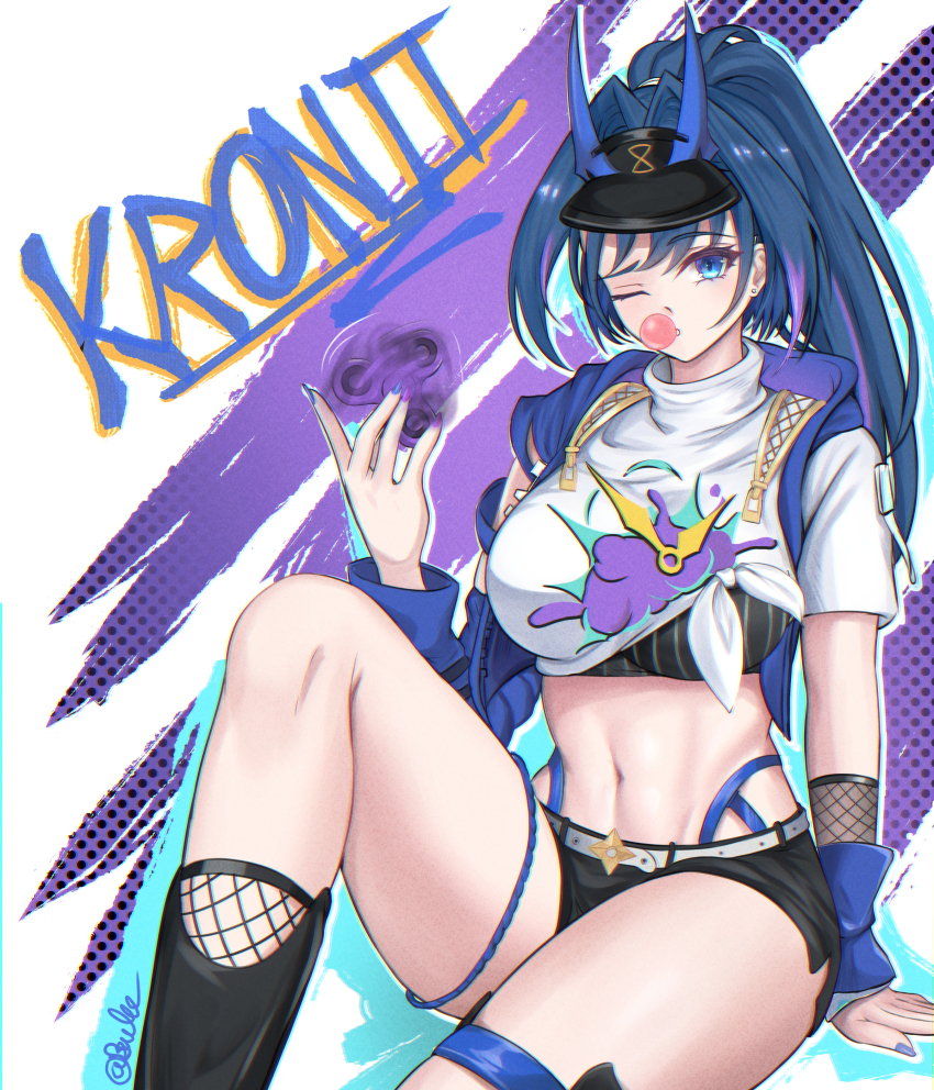 1girl absurdres arm_support black_shorts blue_eyes blue_hair blue_jacket blue_nails breasts brulee bubble_skirt character_name chewing_gum cosplay crop_top fidget_spinner highres hololive hololive_english honkai:_star_rail honkai_(series) horns jacket knee_up large_breasts long_hair looking_at_viewer midriff nail_polish navel open_clothes open_jacket ouro_kronii ponytail rappa_(honkai:_star_rail) rappa_(honkai:_star_rail)_(cosplay) shirt short_shorts shorts sitting skirt solo stomach thigh_strap thighs tied_shirt virtual_youtuber white_shirt