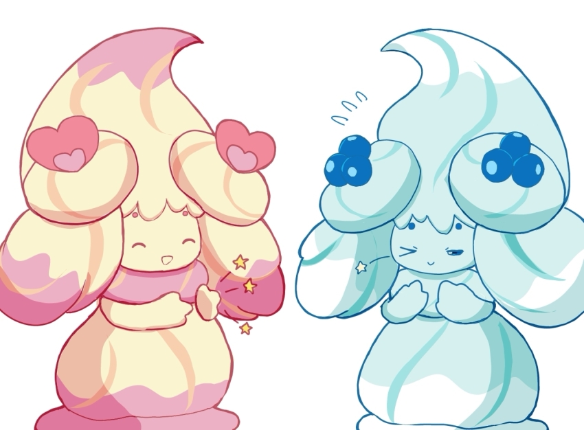 2girls ^_^ alcremie alcremie_(berry_sweet) alcremie_(love_sweet) alcremie_(mint_cream) alcremie_(ruby_swirl) blonde_hair blue_eyes blue_hair blue_skin blueberry_hair_ornament clapping closed_eyes closed_mouth colored_skin female_focus flying_sweatdrops food-themed_hair_ornament gen_8_pokemon hair_ornament half-closed_eye hands_up happy heart heart_hair_ornament long_hair monya multicolored_hair multiple_girls nintendo one_eye_closed open_mouth pink_hair pokemon pokemon_(creature) sidelocks simple_background smile standing star_(symbol) two-tone_hair white_background white_hair wink yellow_skin