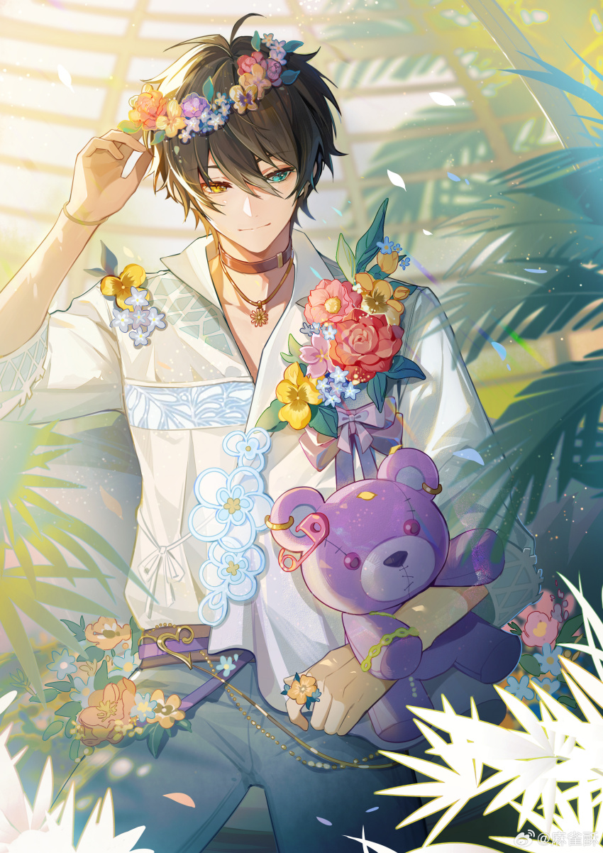 1boy absurdres antenna_hair aqua_eyes belt wallet_chain black_hair blue_flower blue_pants bow brown_belt brown_choker choker closed_mouth conservatory corsage cowboy_shot ensemble_stars! facing_viewer falling_petals flower flower_button flower_necklace flower_request flower_ring flower_wreath hair_between_eyes head_wreath heart heterochromia highres holding holding_stuffed_toy jewelry kagehira_mika leaf leaf_print light_particles long_sleeves male_focus maquesu1 necklace orange_flower pansy pants petals pink_flower plant print_shirt purple_bow purple_flower red_flower red_rose rose safety_pin shirt shirt_flower shirt_partially_tucked_in short_hair sideways_glance smile solo standing stuffed_animal stuffed_toy sunlight teddy_bear white_shirt wing_collar yellow_eyes yellow_flower