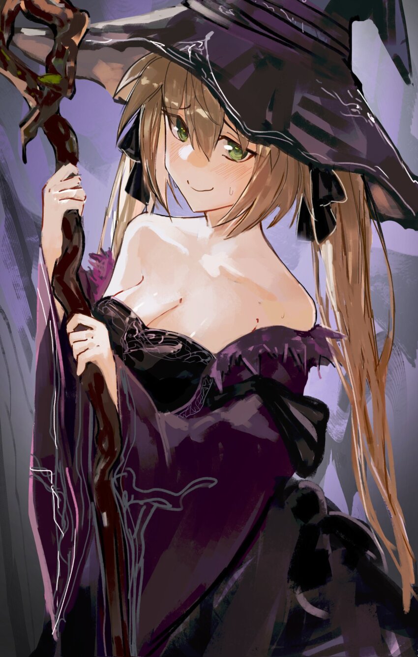 1girl alternate_costume artoria_caster_(fate) artoria_pendragon_(fate) bare_shoulders black_dress black_hat black_ribbon blonde_hair blush breasts cleavage closed_mouth commentary cosplay crossover dress elden_ring elden_ring_nightreign english_commentary fate/grand_order fate_(series) hair_ribbon hat highres holding holding_staff large_hat long_hair looking_at_viewer medium_breasts off_shoulder purple_sleeves recluse_(elden_ring) recluse_(elden_ring)_(cosplay) ribbon simple_background solo staff sweat twintails white_background wide_sleeves witch_hat yotsutsu428