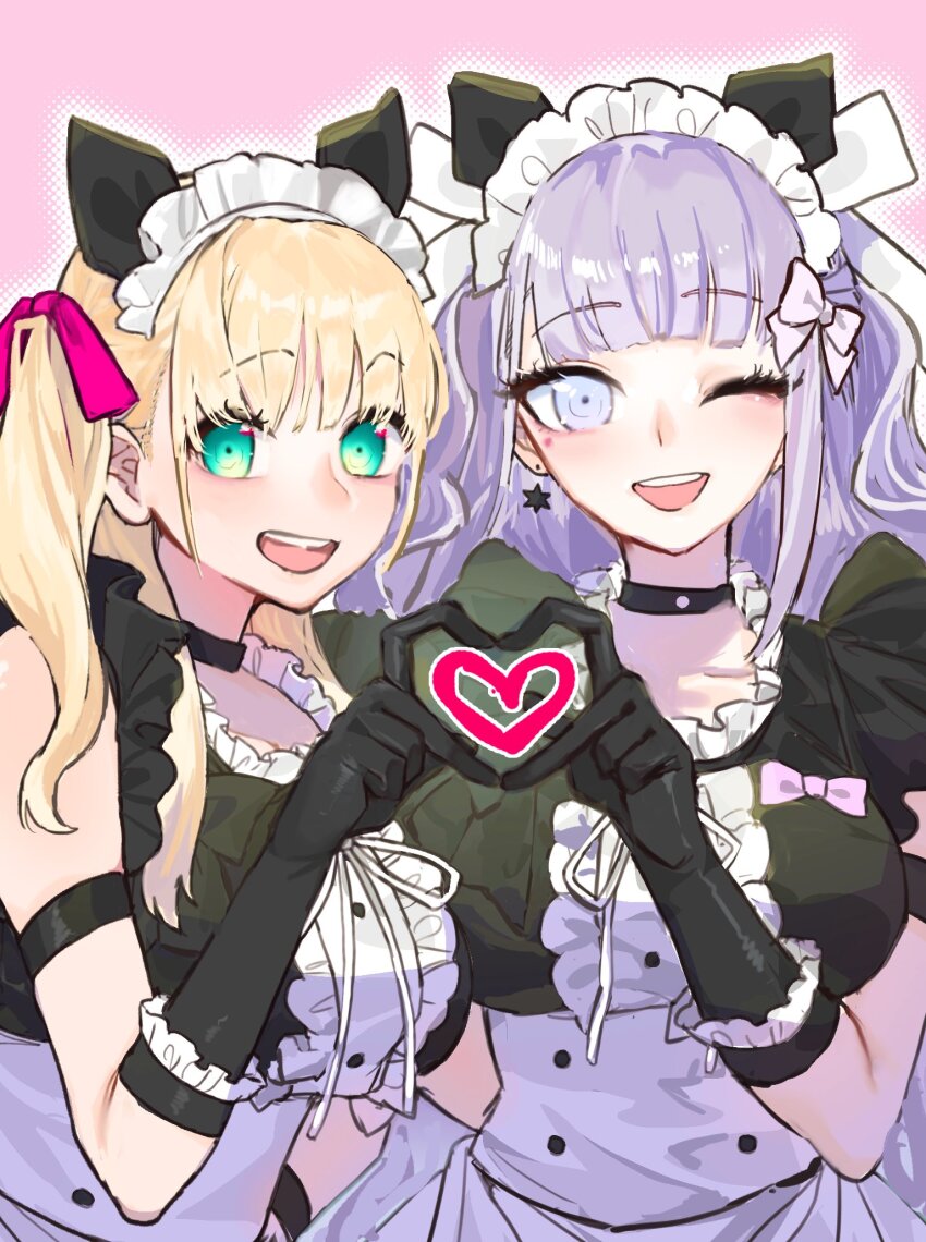 2girls :d akiba_hinagiku apron aqua_eyes black_choker black_dress black_gloves blonde_hair breasts choker dress earrings elbow_gloves four-finger_heart_hands gloves hair_ribbon heart heart_hands heart_hands_duo highres iroha_tsuki jewelry large_breasts long_hair looking_at_viewer maid maid_apron maid_headdress multiple_girls one_eye_closed one_side_up open_mouth pink_ribbon purple_hair ribbon shiratori_yokikana single_earring smile teeth tribe_nine upper_body upper_teeth_only white_eyes