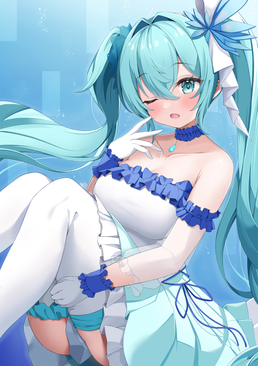 1girl :o absurdres aqua_eyes aqua_hair bare_shoulders blue_background blush breasts collar collarbone detached_collar detached_sleeves dress elegant_(sumisumi4268) eyelashes feet_out_of_frame floating_hair frilled_collar frilled_dress frilled_sleeves frilled_thighhighs frilled_wrist_cuffs frills gloves hair_between_eyes hair_intakes hair_ornament hand_on_own_leg hand_up hatsune_miku highres jewelry knees_up large_breasts long_hair one_eye_closed open_mouth pendant see-through_clothes see-through_sleeves solo strapless strapless_dress thighhighs twintails very_long_hair vocaloid white_gloves white_thighhighs wrist_cuffs