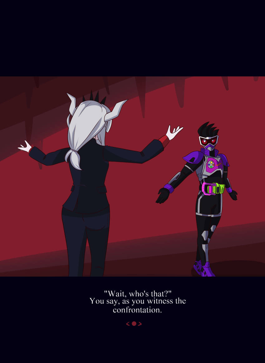 1boy 1girl absurdres action_gamer_level_2 armor bad_id bad_pixiv_id bane_vs._pink_guy_(meme) baneposting_(meme) batman_(series) black_jacket black_pants crossover dc_comics demon_girl demon_horns derivative_work english_text from_behind gamer_driver genm_level_0 helltaker highres horns imminent_fight jacket kamen_rider kamen_rider_ex-aid_(series) kamen_rider_genm long_sleeves lucifer_(helltaker) meme open_hands outstretched_arms pants purple_armor purple_footwear red_eyes red_shirt reiei_8 shirt shoes spread_arms subtitled the_dark_knight_rises tokusatsu white_horns