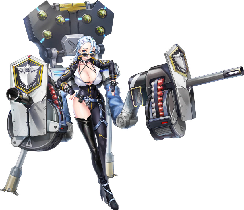 1girl absurdres asymmetrical_bodysuit asymmetrical_clothes blue_eyes boots breasts bumcha cleavage collar full_body highres huge_breasts huge_weapon last_origin long_hair looking_at_viewer official_art silver_hair single_thigh_boot solo sonia_of_devastation spiked_collar spikes sunglasses tachi-e thigh_boots thighhighs transparent_background weapon