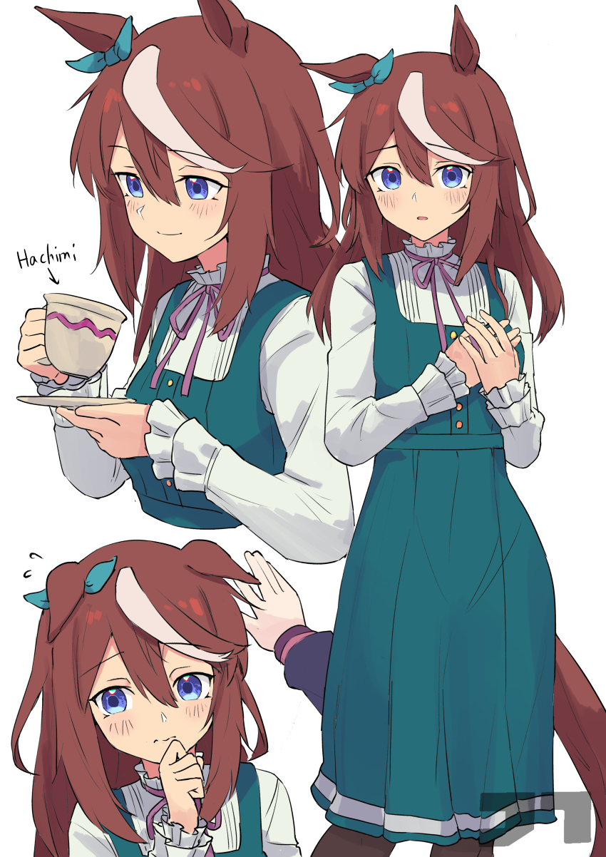 1girl absurdres animal_ears black_pantyhose blue_eyes cup dress hair_ribbon hands_on_own_chest highres horse_ears horse_girl jtleeklm long_hair long_skirt mejiro_mcqueen_(umamusume) pantyhose red_hair ribbon shirt sidelocks skirt teacup umamusume white_background white_shirt
