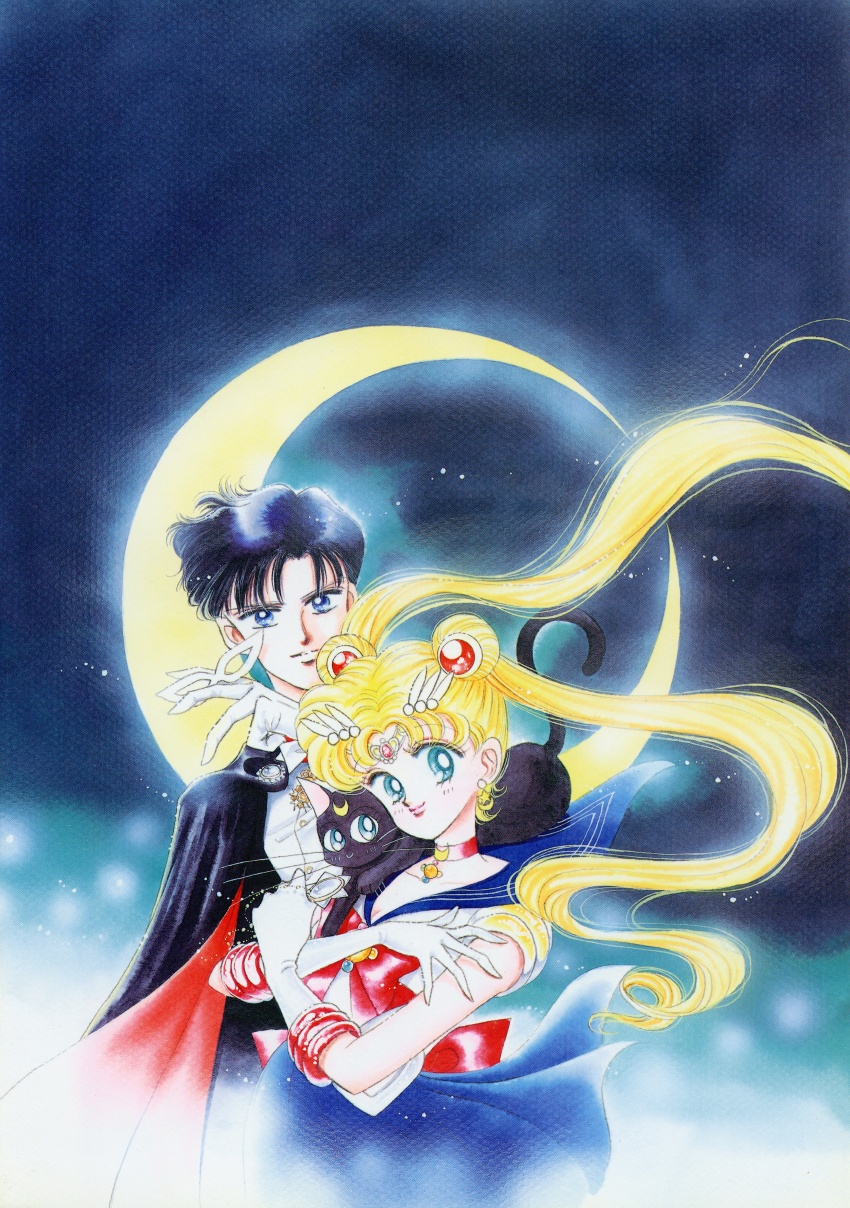 1990s_(style) absurdres animal animal_on_shoulder artbook bishoujo_senshi_sailor_moon black_cape black_cat blue_background blue_sailor_collar blue_skirt cape cat cat_on_shoulder choker closed_mouth crescent crescent_choker crescent_facial_mark crescent_moon double_bun earrings facial_mark hair_bun highres incredibly_absurdres jewelry lips long_hair luna_(sailor_moon) mask moon official_art pink_lips red_choker retro_artstyle sailor_collar sailor_moon sailor_senshi_uniform scan skirt smile split_mouth takeuchi_naoko tsukino_usagi unworn_headwear white_mask